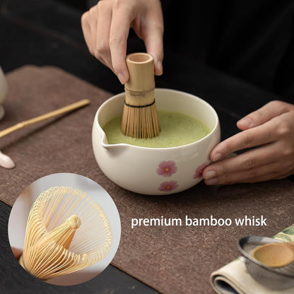 Matcha Whisk Set,8 Pcs Ceramic Matcha Set,Matcha Kit for Matcha Lovers,Tradition Tea Set Includes Bowl,Bamboo Whisk and Holder,Scoop,Sifter and Towel,Gift for Family and Friend (Cream)