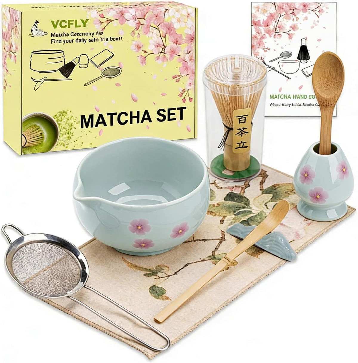 Matcha Whisk Set,8 Pcs Ceramic Matcha Set,Matcha Kit for Matcha Lovers,Tradition Tea Set Includes Bowl,Bamboo Whisk and Holder,Scoop,Sifter and Towel,Gift for Family and Friend (Cream)