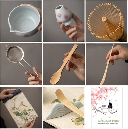 Matcha Whisk Set,8 Pcs Ceramic Matcha Set,Matcha Kit for Matcha Lovers,Tradition Tea Set Includes Bowl,Bamboo Whisk and Holder,Scoop,Sifter and Towel,Gift for Family and Friend (Cream)