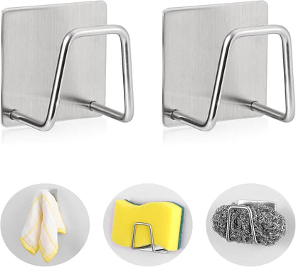2-Pack Stainless Steel Sponge Holder for Kitchen Sink - Rustproof Brushed SUS304 Sponge Caddy Organizer, Wall/Surface Mount, Drainage Design, Clutter-Free Storage