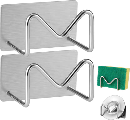 2-Pack Stainless Steel Sponge Holder for Kitchen Sink - Rustproof Brushed SUS304 Sponge Caddy Organizer, Wall/Surface Mount, Drainage Design, Clutter-Free Storage