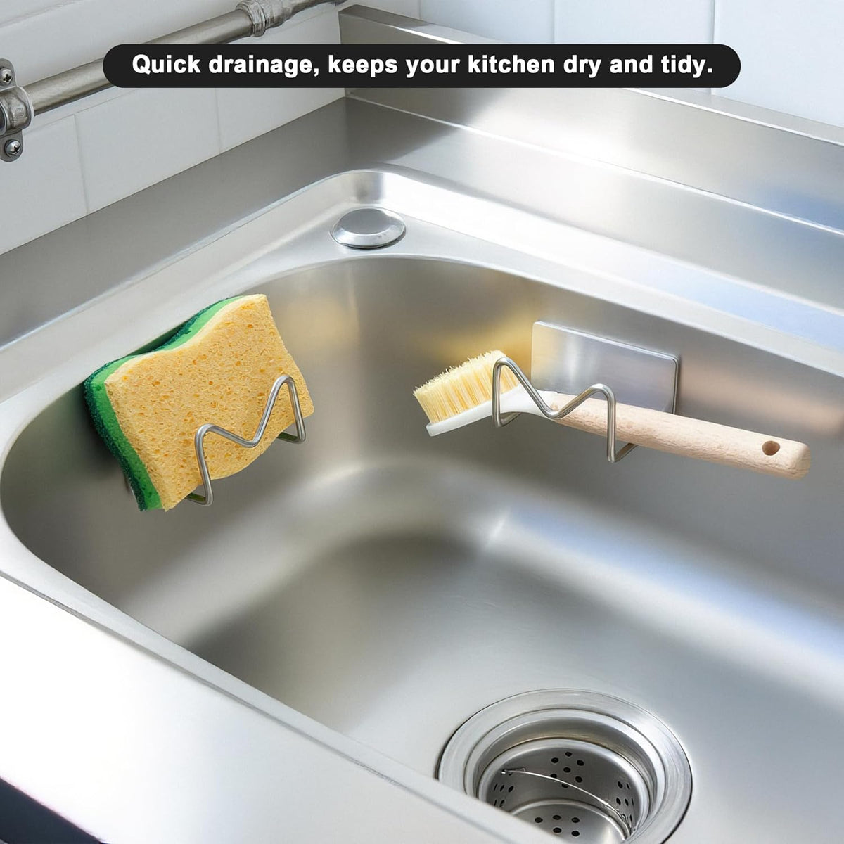 2-Pack Stainless Steel Sponge Holder for Kitchen Sink - Rustproof Brushed SUS304 Sponge Caddy Organizer, Wall/Surface Mount, Drainage Design, Clutter-Free Storage