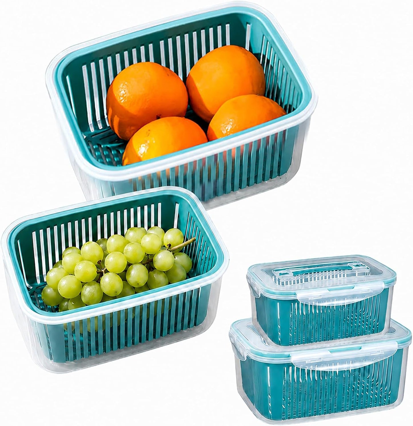 2 Pack Fruit Storage Containers for Fridge,Stackable Fresh Food Produce Saver Containers with Removable Colander, Vegetable Lettuce Keeper Bowl(Blue)