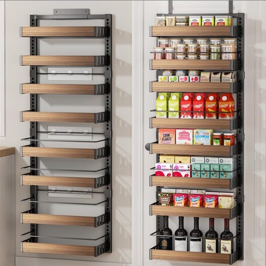 8 Tier Over The Door Pantry Organizer, 2 IN 1 Wall Mount or Hanging Spice Rack Seasoning Shelves with Adjustable Basket, Back of Door Organizer and Storage for Kitchen Cabinet and Room Closet