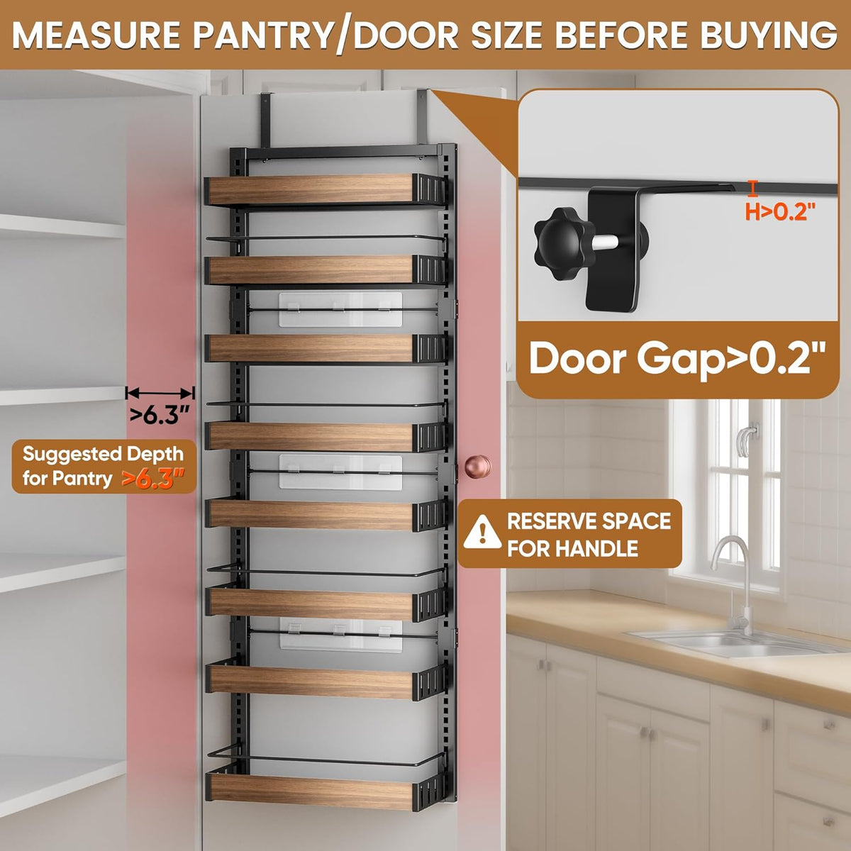 8 Tier Over The Door Pantry Organizer, 2 IN 1 Wall Mount or Hanging Spice Rack Seasoning Shelves with Adjustable Basket, Back of Door Organizer and Storage for Kitchen Cabinet and Room Closet