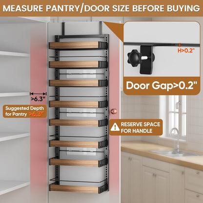 8 Tier Over The Door Pantry Organizer, 2 IN 1 Wall Mount or Hanging Spice Rack Seasoning Shelves with Adjustable Basket, Back of Door Organizer and Storage for Kitchen Cabinet and Room Closet
