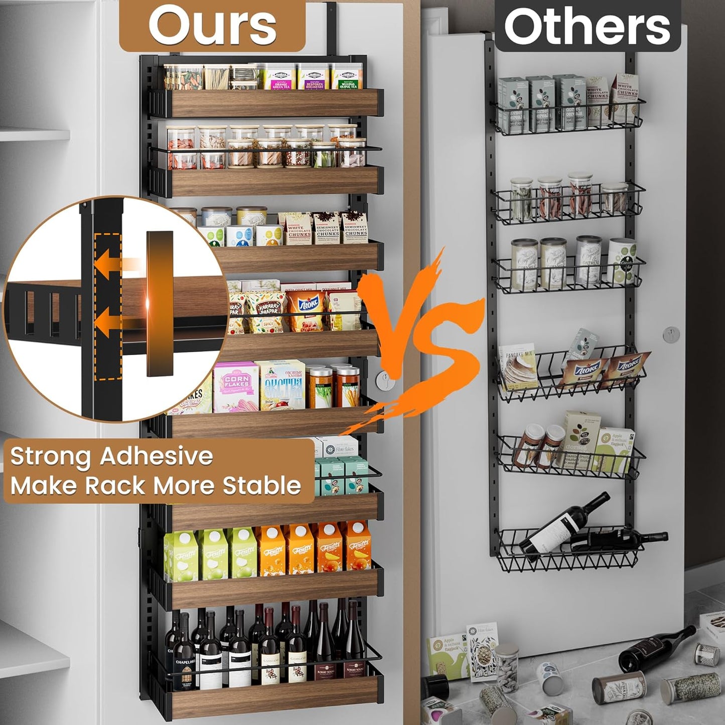 8 Tier Over The Door Pantry Organizer, 2 IN 1 Wall Mount or Hanging Spice Rack Seasoning Shelves with Adjustable Basket, Back of Door Organizer and Storage for Kitchen Cabinet and Room Closet