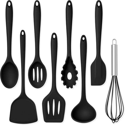 Silicone Cooking Utensils Set, 8 PCS Kitchen Utensils Set, Black | 446°F Heat Resistant Turner, Spatula, Spoon, Whisk, Kitchen Cooking Gadgets Tools, for Nonstick Cookware, Dishwasher Safe