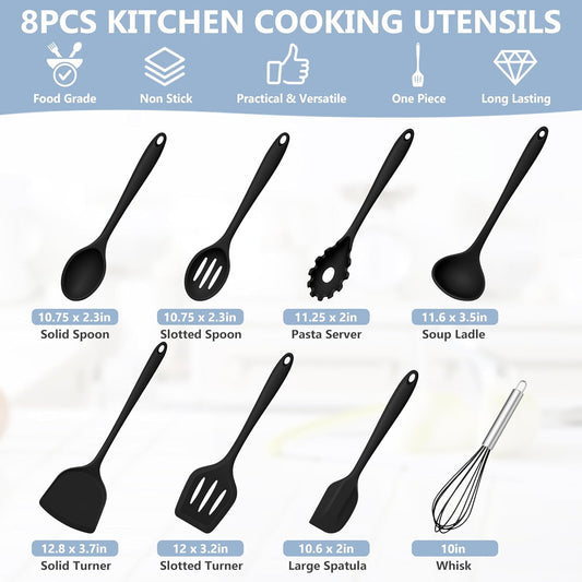 Silicone Cooking Utensils Set, 8 PCS Kitchen Utensils Set, Black | 446°F Heat Resistant Turner, Spatula, Spoon, Whisk, Kitchen Cooking Gadgets Tools, for Nonstick Cookware, Dishwasher Safe