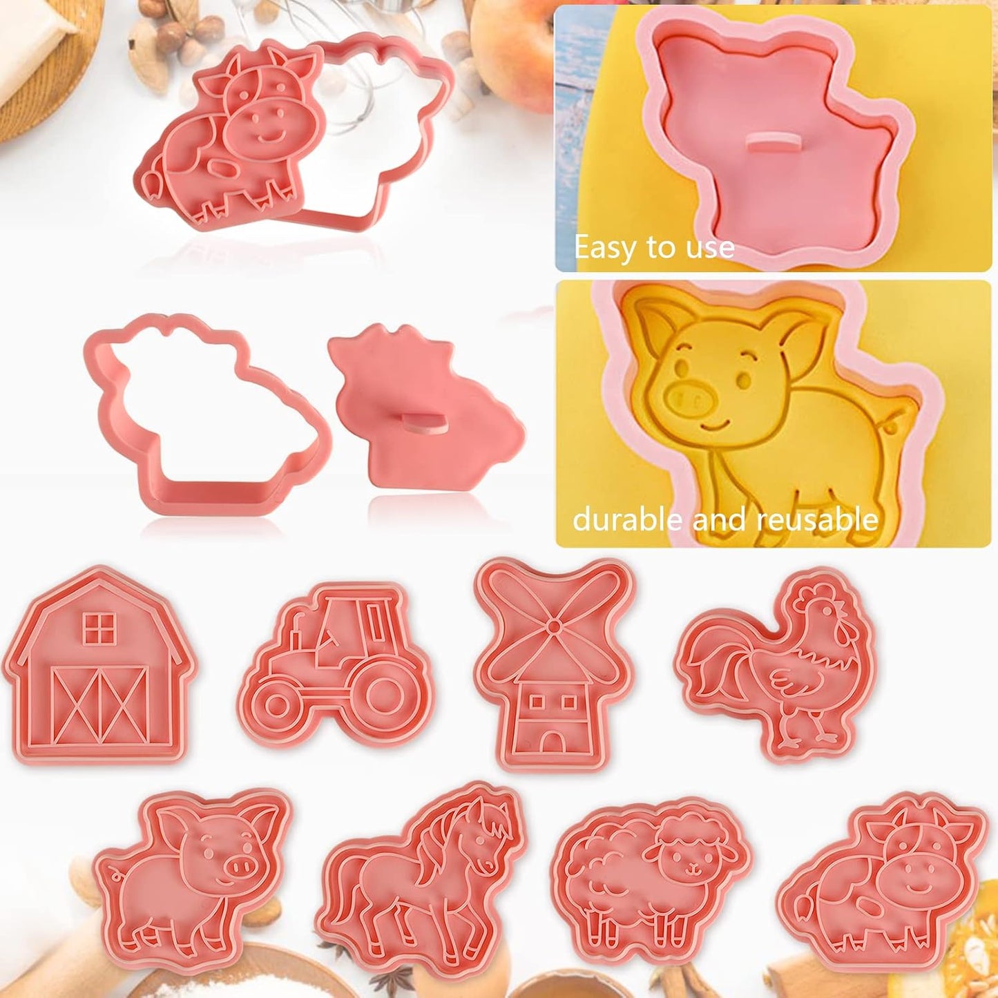 Animal Cookie Cutters With Plunger Stamps,8 Pcs 3D Animal Cookie Cutters | Animal Embossing Cutters for Biscuit Fondant Cheese Baking Molds