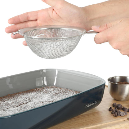 Prime Edge 5-Inch Stainless Steel Mesh Strainer with Thermoplastic Rubber Handle, Fine Kitchen Sieve for Draining, Rinsing, Sifting & Food Prep Tasks, Taupe