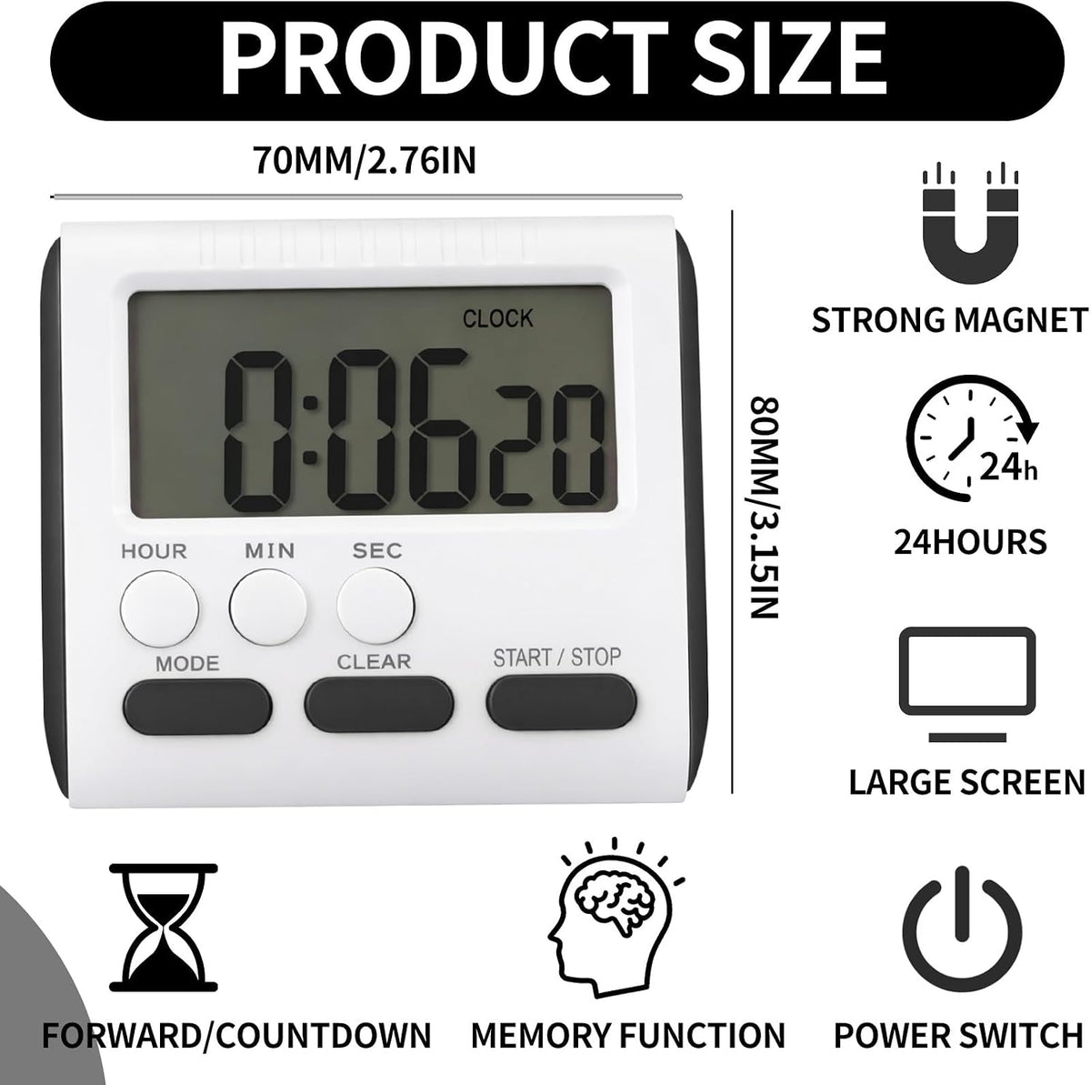 3 Pcs Magnetic Digital Timer for Kitchen Classroom, Black White