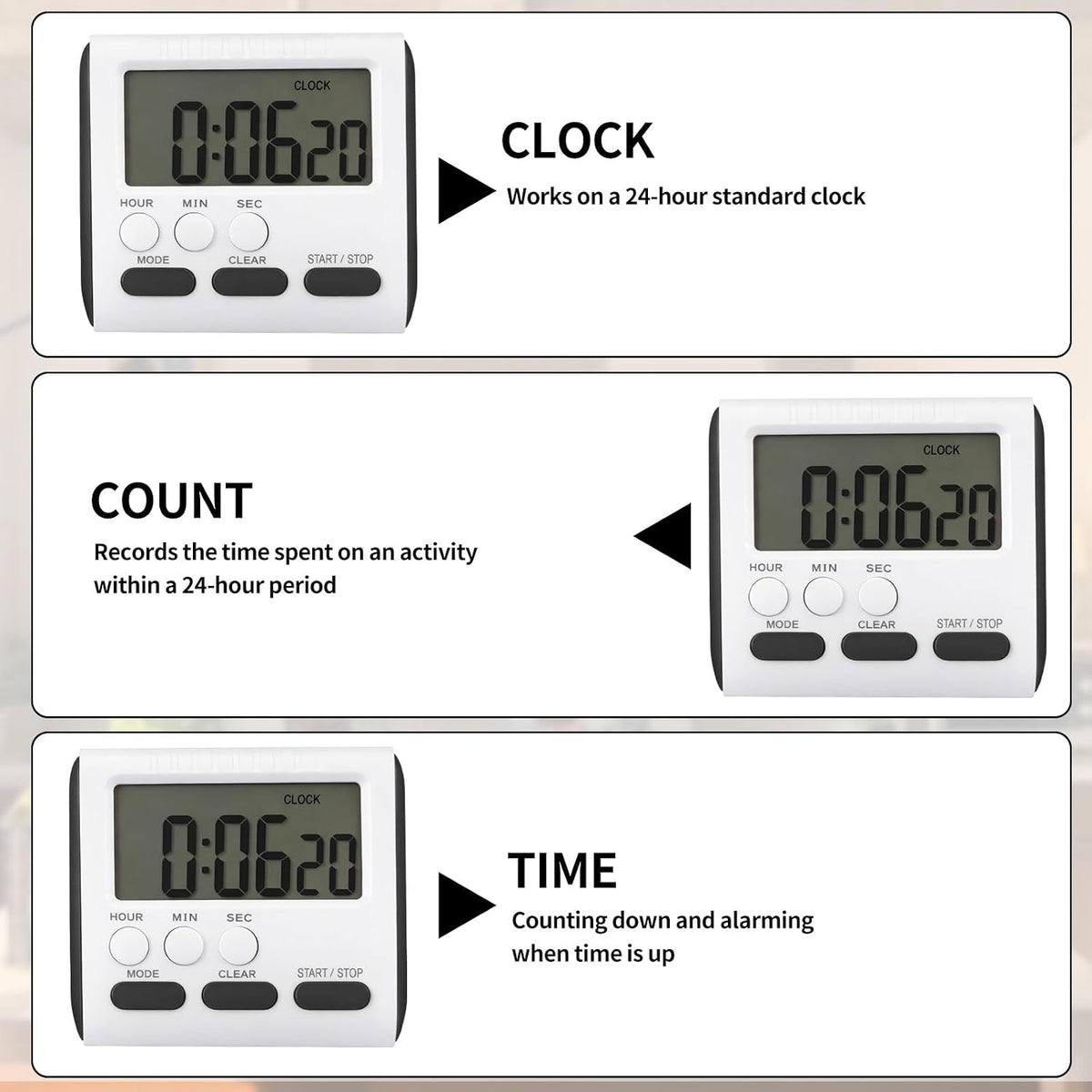 3 Pcs Magnetic Digital Timer for Kitchen Classroom, Black White
