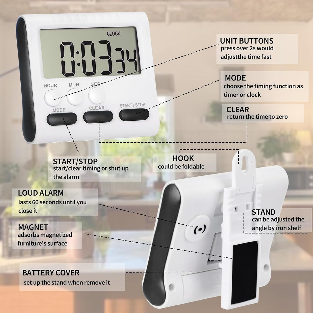 3 Pcs Magnetic Digital Timer for Kitchen Classroom, Black White