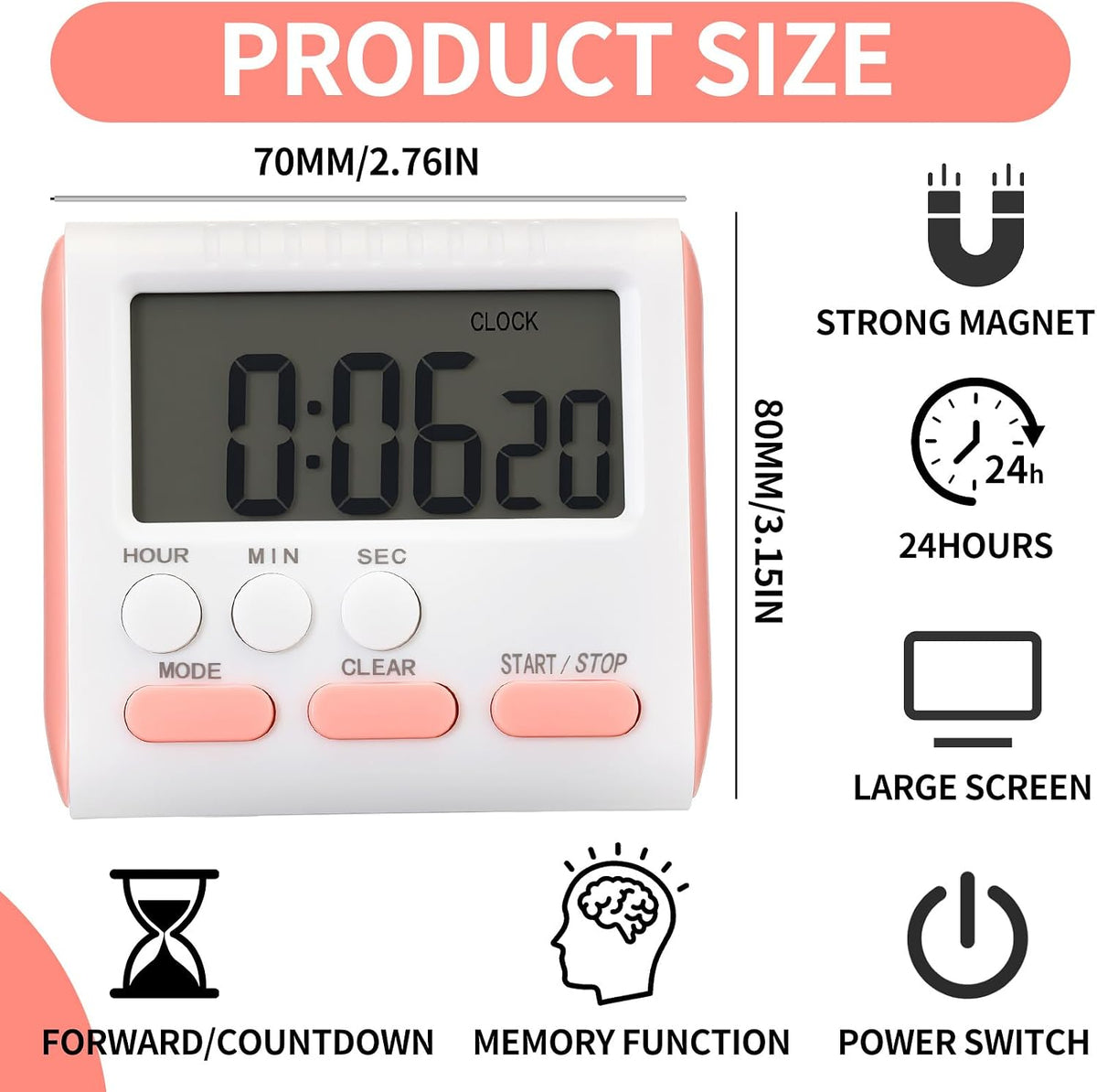 3 Pcs Magnetic Digital Timer for Kitchen Classroom, Black White
