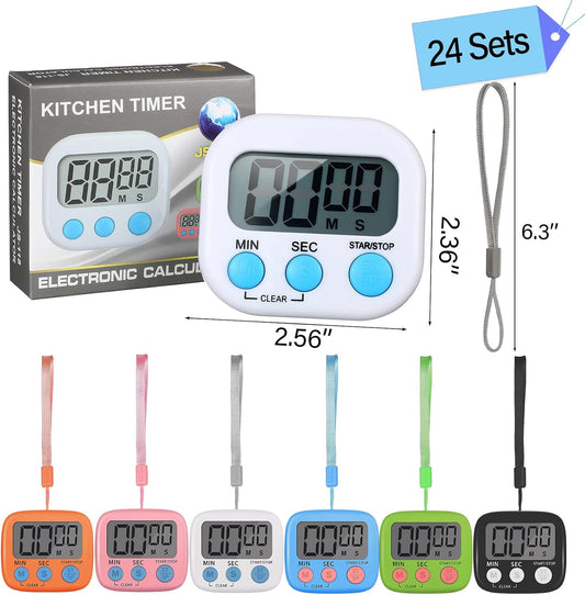 24 Pcs Small Digital Kitchen Timer Magnetic Back and Switch Minute Second Count up Countdown Big LCD Display Loud Alarm for Teacher Cooking Baking (Colorful)