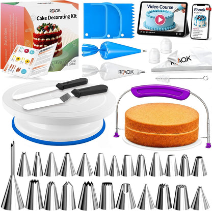 90PCs Cake Decorating Kit for Beginners, Baking Supplies Includes Cake Turntable, Cake Leveler, 24 Icing Piping Tips, 56 Piping Bags, 2 Couplers, Spatulas, Scrapers, Video Course and Booklet