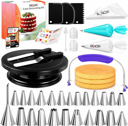 90PCs Cake Decorating Kit for Beginners, Baking Supplies Includes Cake Turntable, Cake Leveler, 24 Icing Piping Tips, 56 Piping Bags, 2 Couplers, Spatulas, Scrapers, Video Course and Booklet