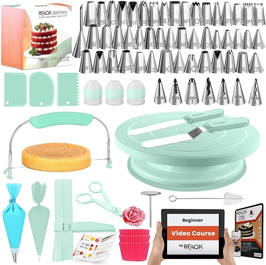 90PCs Cake Decorating Kit for Beginners, Baking Supplies Includes Cake Turntable, Cake Leveler, 24 Icing Piping Tips, 56 Piping Bags, 2 Couplers, Spatulas, Scrapers, Video Course and Booklet