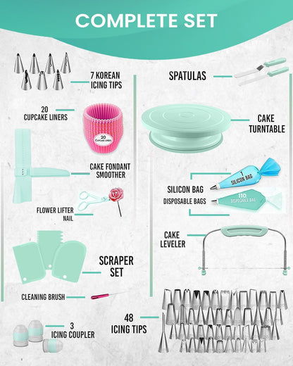 90PCs Cake Decorating Kit for Beginners, Baking Supplies Includes Cake Turntable, Cake Leveler, 24 Icing Piping Tips, 56 Piping Bags, 2 Couplers, Spatulas, Scrapers, Video Course and Booklet