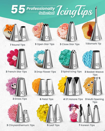 90PCs Cake Decorating Kit for Beginners, Baking Supplies Includes Cake Turntable, Cake Leveler, 24 Icing Piping Tips, 56 Piping Bags, 2 Couplers, Spatulas, Scrapers, Video Course and Booklet