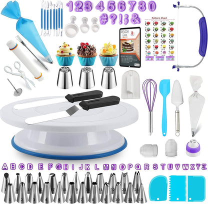 90PCs Cake Decorating Kit for Beginners, Baking Supplies Includes Cake Turntable, Cake Leveler, 24 Icing Piping Tips, 56 Piping Bags, 2 Couplers, Spatulas, Scrapers, Video Course and Booklet