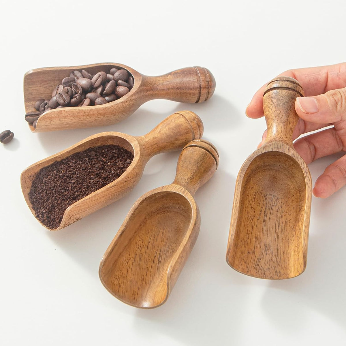 Wooden Scoops for Canisters 4PCS Wooden Scoop for Jars Acacia Mini Measuring Spoons for Ground Coffee Scoops Shovel Kitchen Scooping for Tea Powder & Bath Salt Laundry Detergent Shove- Multipurpose