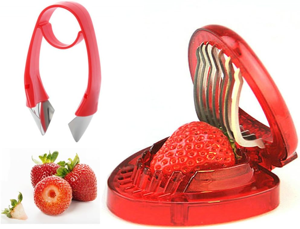 Strawberry Huller n Slicer Set, Strawberry Tomato Potato Pineapple Carrot Stem Remover, Wild Strawberry Corer Cutter Red