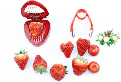 Strawberry Huller n Slicer Set, Strawberry Tomato Potato Pineapple Carrot Stem Remover, Wild Strawberry Corer Cutter Red