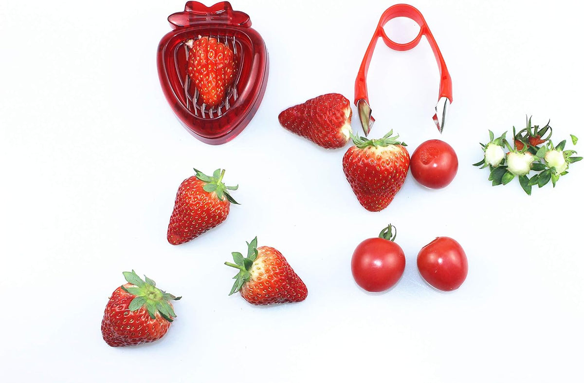 Strawberry Huller n Slicer Set, Strawberry Tomato Potato Pineapple Carrot Stem Remover, Wild Strawberry Corer Cutter Red