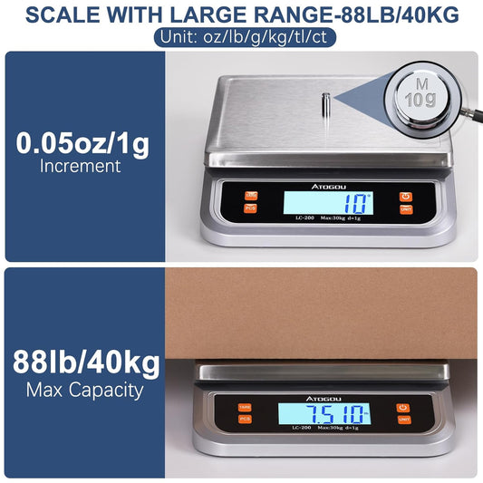 88lb Food Scale, Commercial Kitchen Scale Plug-in Usable | Full View LCD Display, Stainless Steel, for Baking, Bread, Cooking, Meat, Vegetables, Farm, Industry LC200 Grey