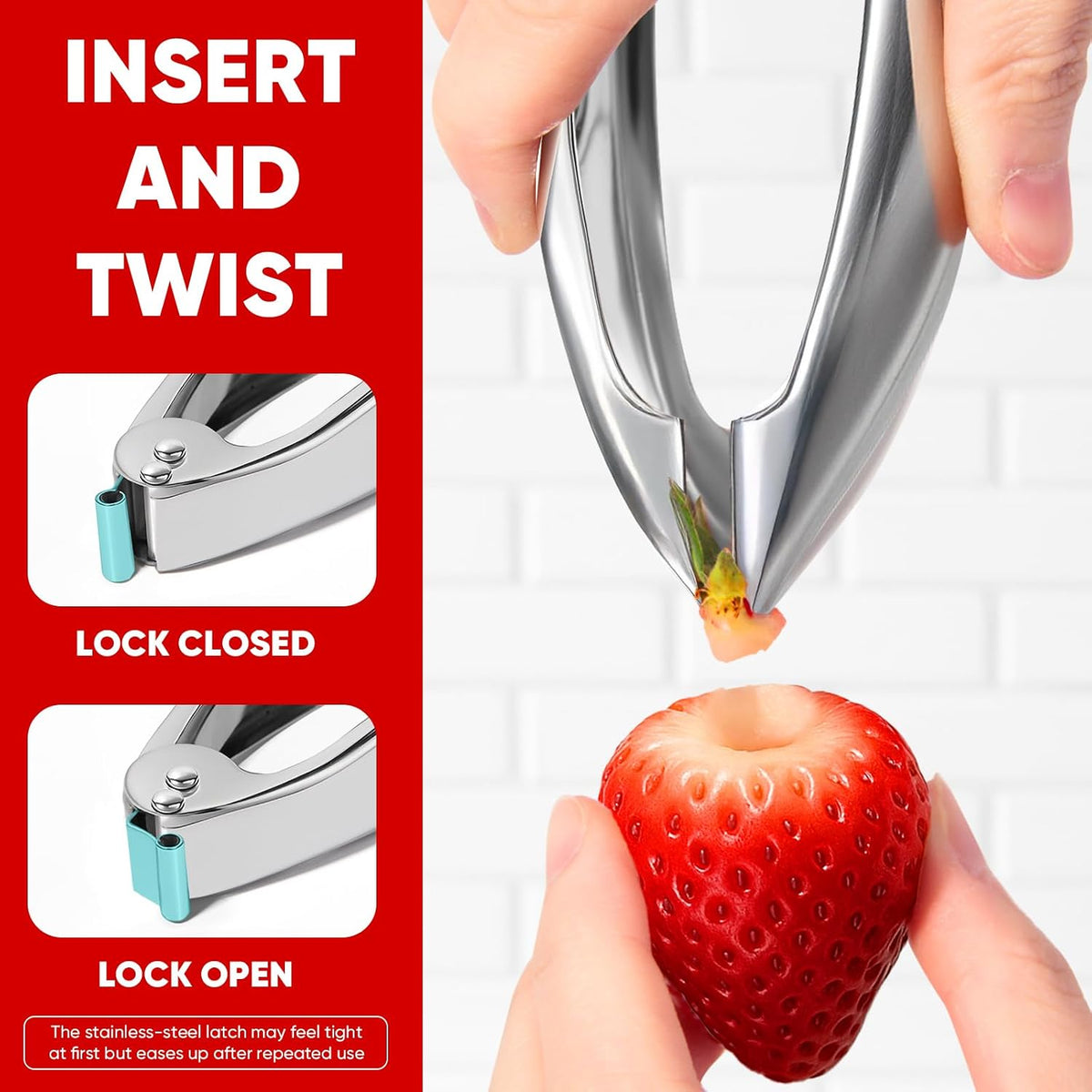 Strawberry Huller, 304 Food-Grade Stainless Steel Stem Remover with Safety Lock, Ergonomic Non-Slip Grooved Handle, Dishwasher Safe (High Heat), De-Stems Strawberries, Tomatoes & More