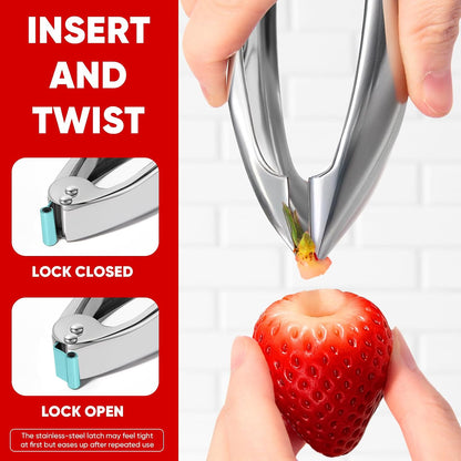 Strawberry Huller, 304 Food-Grade Stainless Steel Stem Remover with Safety Lock, Ergonomic Non-Slip Grooved Handle, Dishwasher Safe (High Heat), De-Stems Strawberries, Tomatoes & More