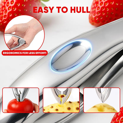 Strawberry Huller, 304 Food-Grade Stainless Steel Stem Remover with Safety Lock, Ergonomic Non-Slip Grooved Handle, Dishwasher Safe (High Heat), De-Stems Strawberries, Tomatoes & More
