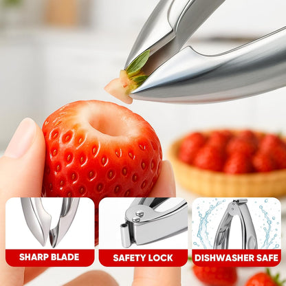 Strawberry Huller, 304 Food-Grade Stainless Steel Stem Remover with Safety Lock, Ergonomic Non-Slip Grooved Handle, Dishwasher Safe (High Heat), De-Stems Strawberries, Tomatoes & More
