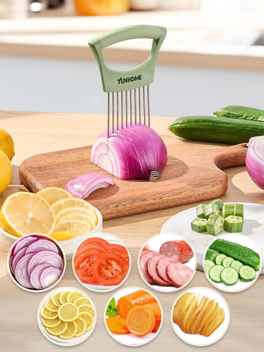 Onion Slicer Holder - Stainless Steel Onion Holder for Slicing - Tomato Slicer Vegetable Chopper Tool for Lemon Avocado, Food Slicer Assistant Tool for Fruit, Meat Tenderizer, Food Slicing Guide