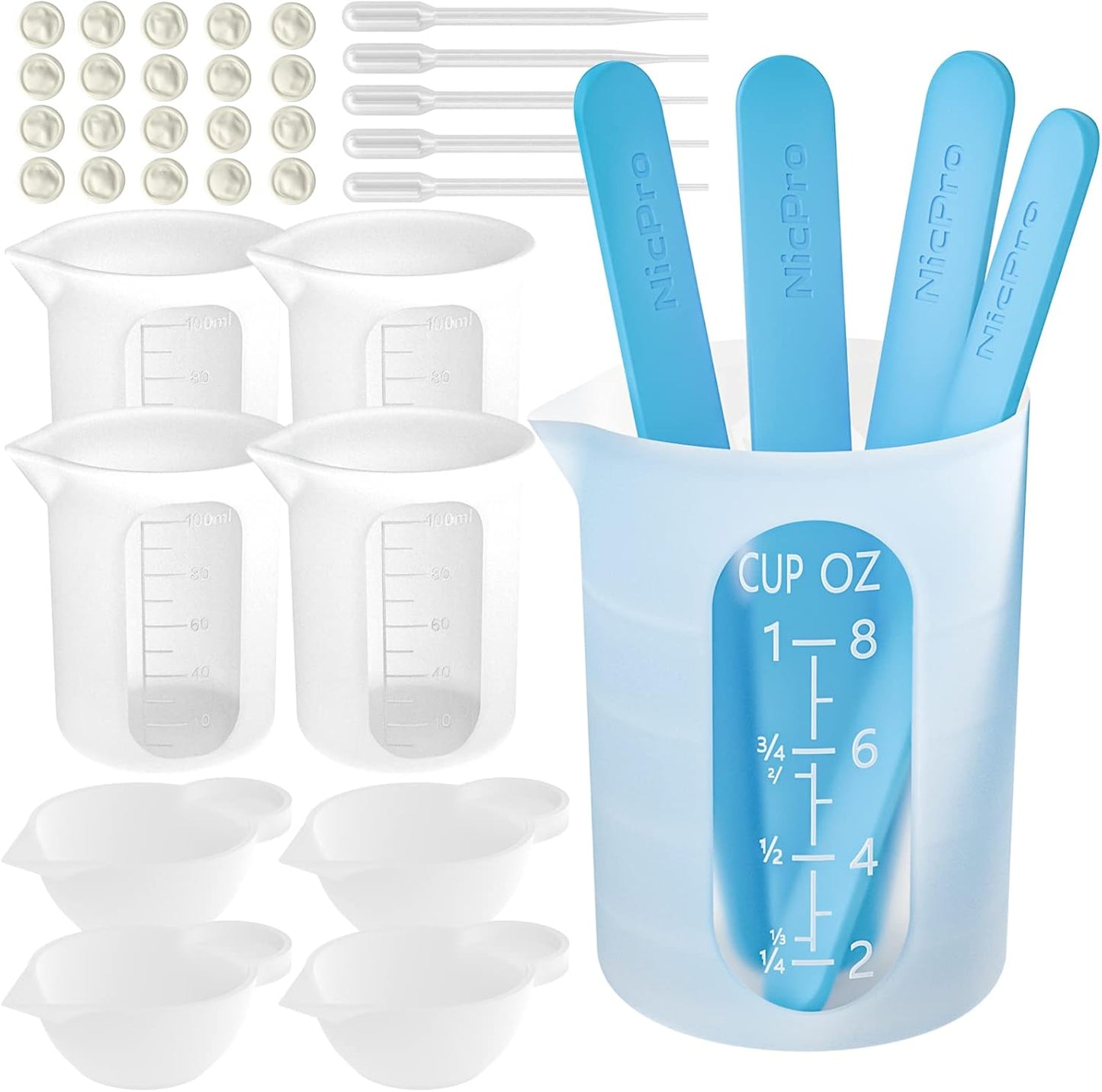 Silicone Resin Measuring Cups Tool Kit- 250 & 100 ml Measure Cups, Silicone Popsicle Stir Sticks, Pipettes, Finger Cots for Epoxy Resin Mixing, Molds, Jewelry Making, Waxing, Easy Clean