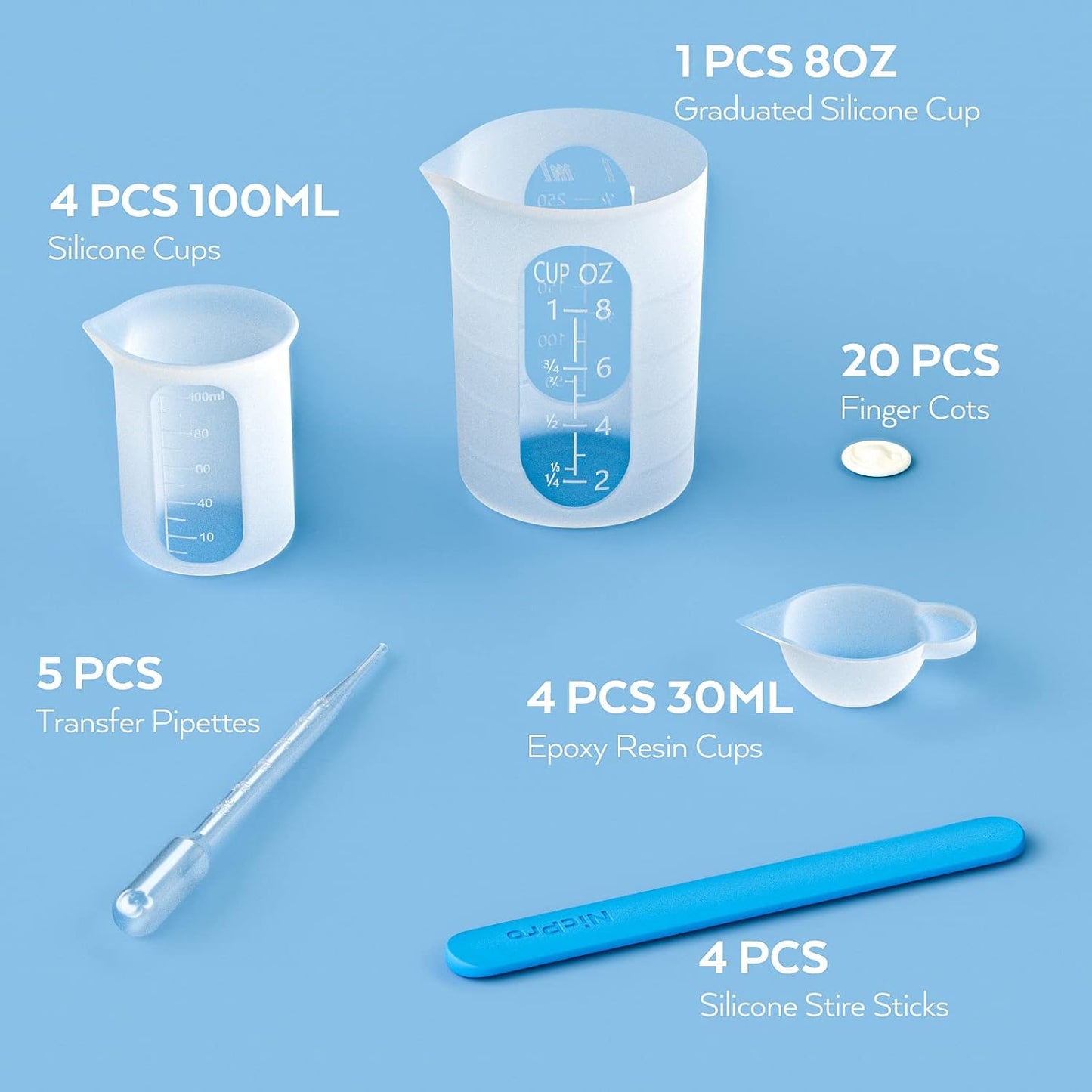 Silicone Resin Measuring Cups Tool Kit- 250 & 100 ml Measure Cups, Silicone Popsicle Stir Sticks, Pipettes, Finger Cots for Epoxy Resin Mixing, Molds, Jewelry Making, Waxing, Easy Clean