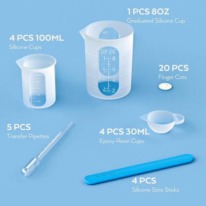 Silicone Resin Measuring Cups Tool Kit- 250 & 100 ml Measure Cups, Silicone Popsicle Stir Sticks, Pipettes, Finger Cots for Epoxy Resin Mixing, Molds, Jewelry Making, Waxing, Easy Clean