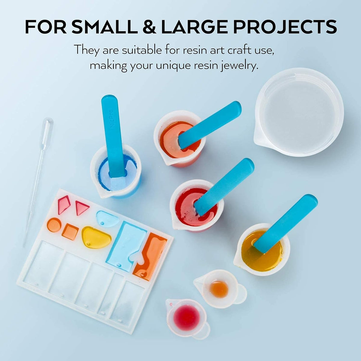 Silicone Resin Measuring Cups Tool Kit- 250 & 100 ml Measure Cups, Silicone Popsicle Stir Sticks, Pipettes, Finger Cots for Epoxy Resin Mixing, Molds, Jewelry Making, Waxing, Easy Clean