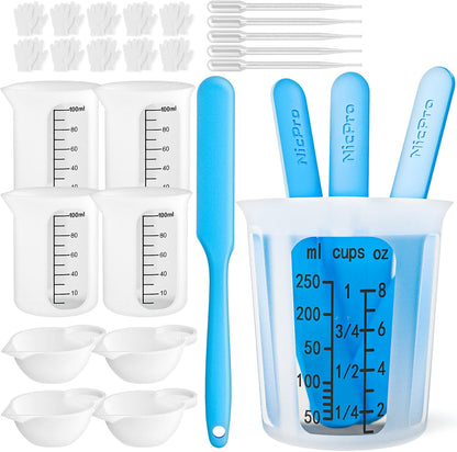 Silicone Resin Measuring Cups Tool Kit- 250 & 100 ml Measure Cups, Silicone Popsicle Stir Sticks, Pipettes, Finger Cots for Epoxy Resin Mixing, Molds, Jewelry Making, Waxing, Easy Clean