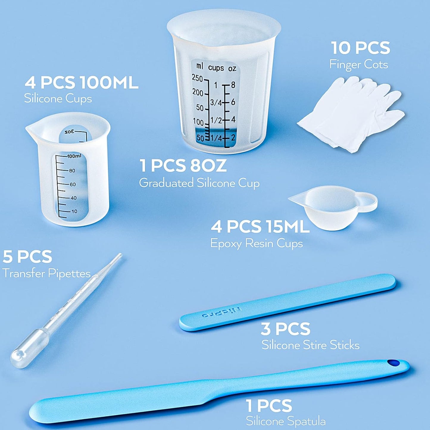 Silicone Resin Measuring Cups Tool Kit- 250 & 100 ml Measure Cups, Silicone Popsicle Stir Sticks, Pipettes, Finger Cots for Epoxy Resin Mixing, Molds, Jewelry Making, Waxing, Easy Clean