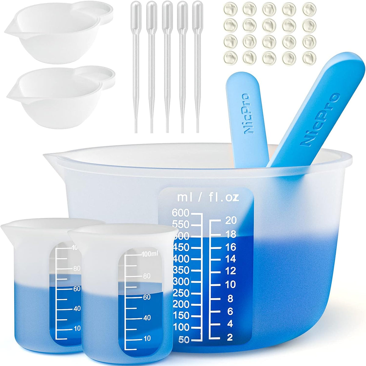 Silicone Resin Measuring Cups Tool Kit- 250 & 100 ml Measure Cups, Silicone Popsicle Stir Sticks, Pipettes, Finger Cots for Epoxy Resin Mixing, Molds, Jewelry Making, Waxing, Easy Clean