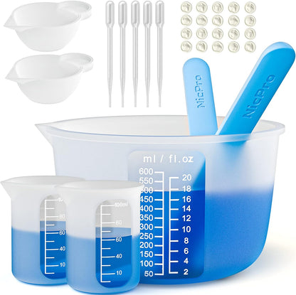 Silicone Resin Measuring Cups Tool Kit- 250 & 100 ml Measure Cups, Silicone Popsicle Stir Sticks, Pipettes, Finger Cots for Epoxy Resin Mixing, Molds, Jewelry Making, Waxing, Easy Clean