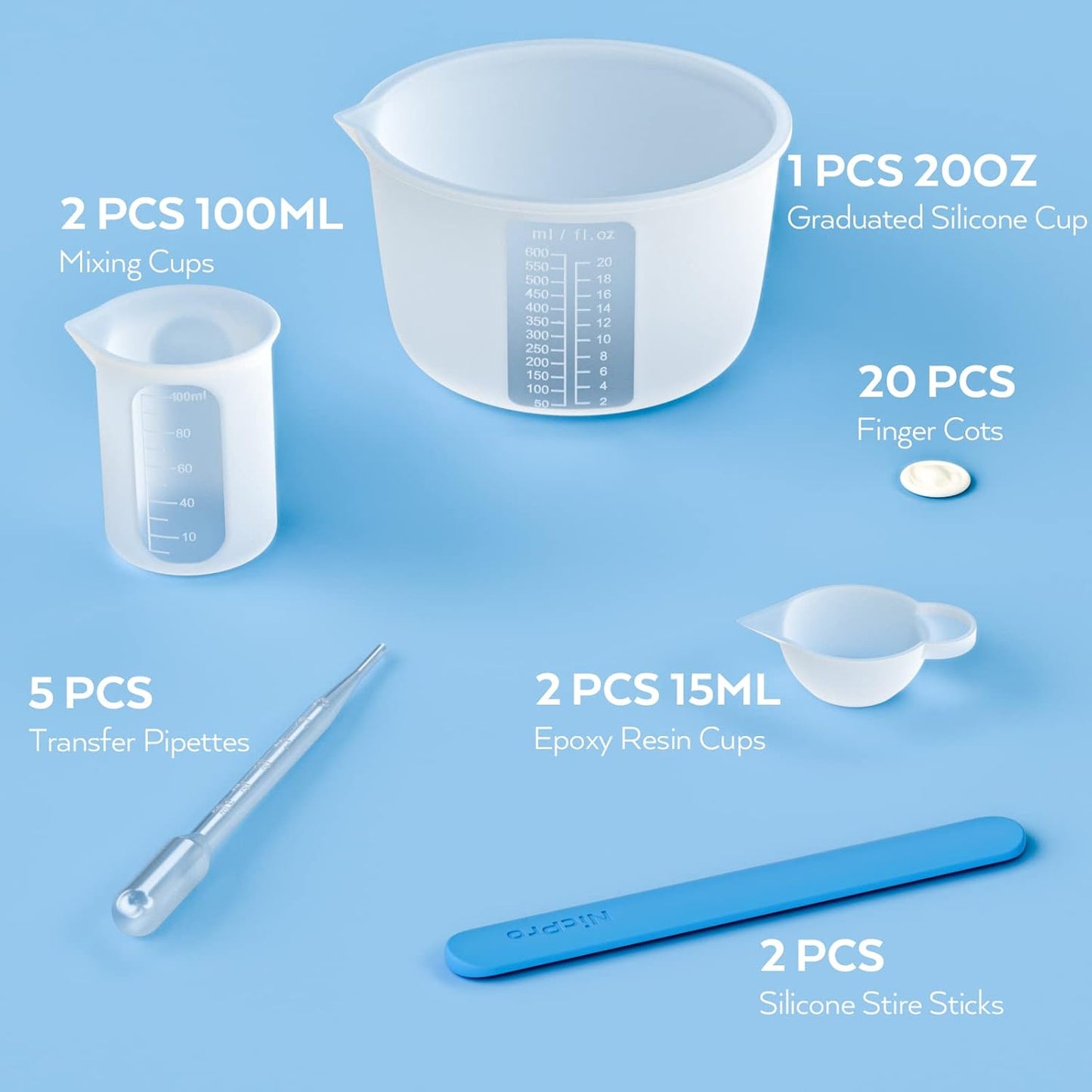 Silicone Resin Measuring Cups Tool Kit- 250 & 100 ml Measure Cups, Silicone Popsicle Stir Sticks, Pipettes, Finger Cots for Epoxy Resin Mixing, Molds, Jewelry Making, Waxing, Easy Clean