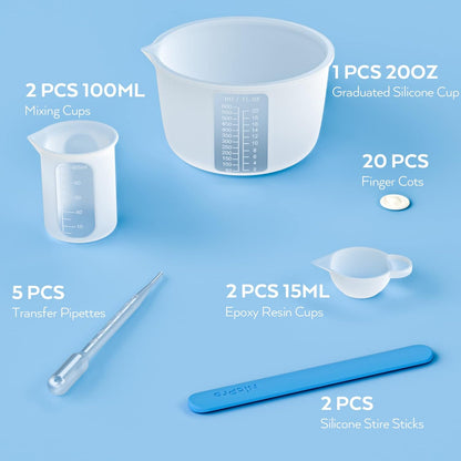 Silicone Resin Measuring Cups Tool Kit- 250 & 100 ml Measure Cups, Silicone Popsicle Stir Sticks, Pipettes, Finger Cots for Epoxy Resin Mixing, Molds, Jewelry Making, Waxing, Easy Clean