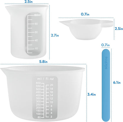 Silicone Resin Measuring Cups Tool Kit- 250 & 100 ml Measure Cups, Silicone Popsicle Stir Sticks, Pipettes, Finger Cots for Epoxy Resin Mixing, Molds, Jewelry Making, Waxing, Easy Clean