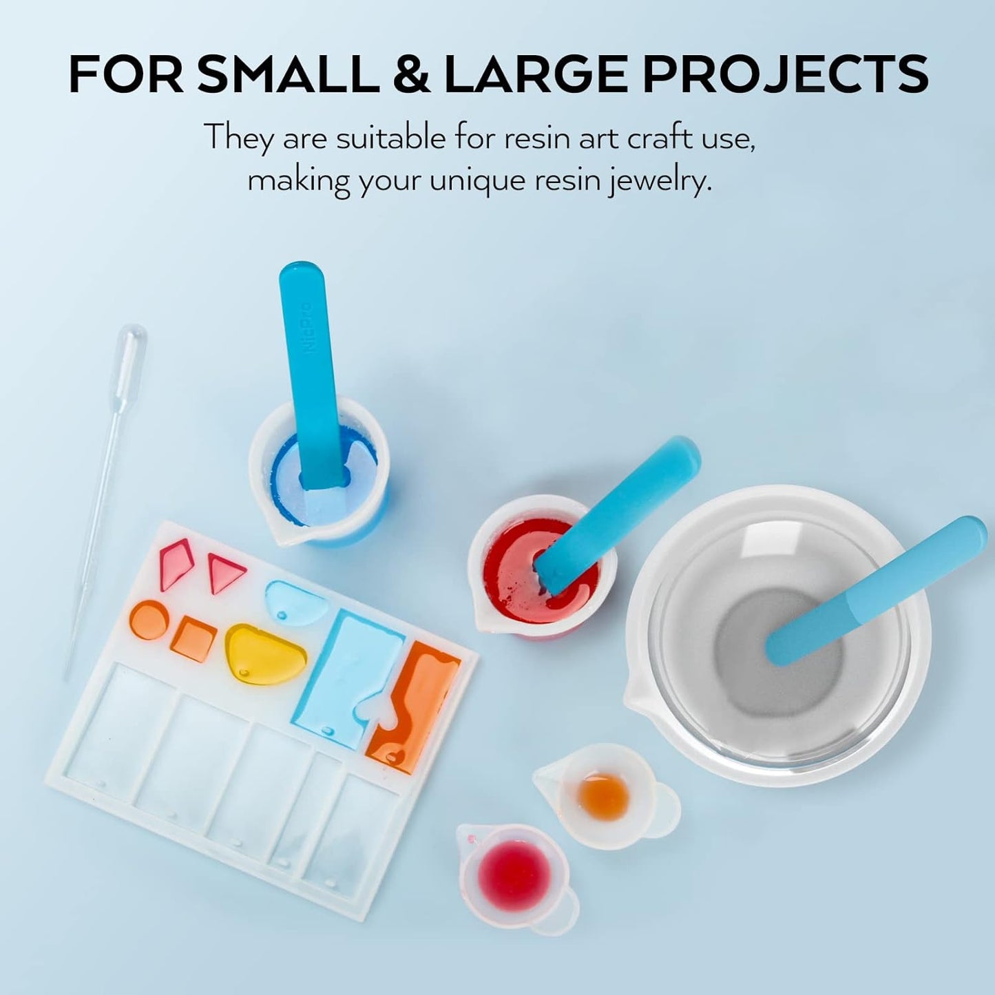 Silicone Resin Measuring Cups Tool Kit- 250 & 100 ml Measure Cups, Silicone Popsicle Stir Sticks, Pipettes, Finger Cots for Epoxy Resin Mixing, Molds, Jewelry Making, Waxing, Easy Clean