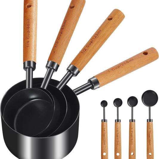 8pc Steel Measuring Set Nonstick Cups Spoons Wood Handle Markings | Food-grade anti-rust stainless steel nonstick easy-clean engraved dual markings hanging wooden handle for baking cooking
