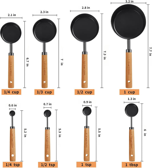 8pc Steel Measuring Set Nonstick Cups Spoons Wood Handle Markings | Food-grade anti-rust stainless steel nonstick easy-clean engraved dual markings hanging wooden handle for baking cooking